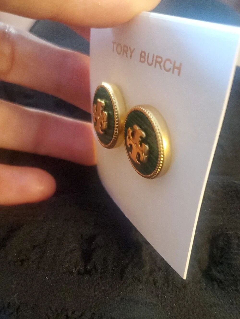 Tory Burch Green Enamel and Gold Logo Button Earrings